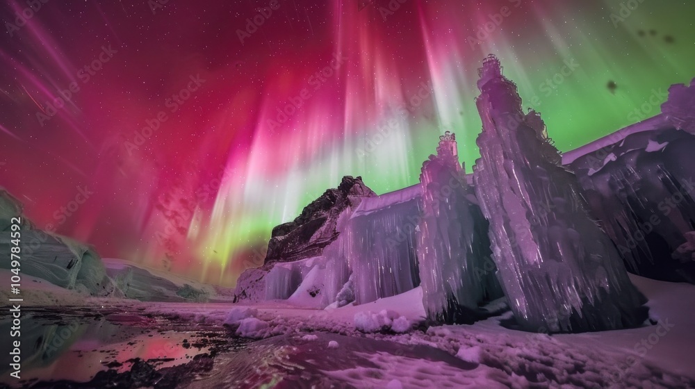 Aufkleber a mesmerizing perspective of a high-altitude glacier lake with frozen ice formations and a rare, dee