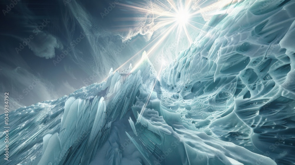 Poster a mesmerizing perspective of a high-altitude ice crevasse with intricate ice formations and a rare, 