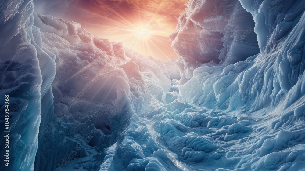 Poster a mesmerizing perspective of a high-altitude ice crevasse with intricate ice formations and a rare, 