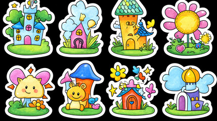 Fototapeta premium Colorful and whimsical illustrations of charming houses, flowers, and playful animals create joyful and enchanting scene. Perfect for childrens themes and creative projects