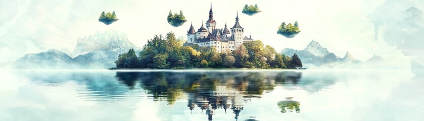 Fototapeta premium Fantasy island castle with reflection in water, surrounded by floating islands and misty mountains.