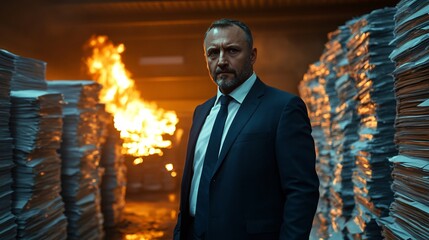 Corporate lawyer rushing to destroy sensitive evidence by burning files in a back room Stock Photo with side copy space