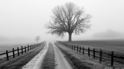 Misty Country Road with Lonely Tree in Black and White