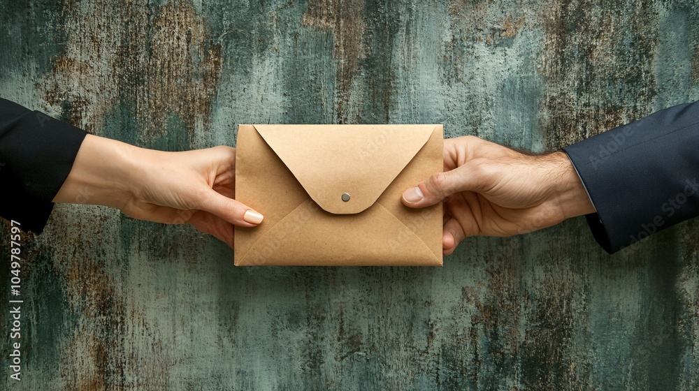 Poster hidden contract deal in a corporate office with executives shaking hands over a sealed envelope stoc