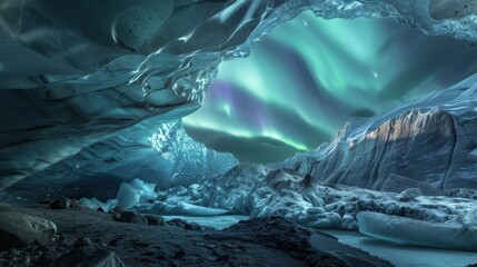Obraz premium A mesmerizing perspective of a remote ice shelf with bizarre ice formations and a rare, bright planetary conjunction creating celestial shadows over the frozen landscape, Ice shelf scene