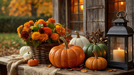 A cozy autumn scene featuring a rustic wooden table adorned with various pumpkins and a vibrant bouquet, a lantern with a candle, and soft lighting from the windows of a nearby wooden structure.