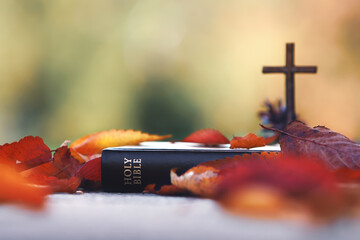 Red maple leaves and autumn fallen leaves, holy cross of Jesus Christ and bible, thanksgiving background

