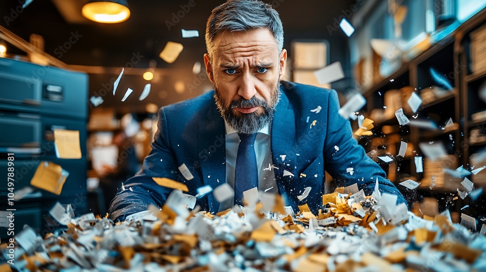 Aufkleber businessperson trying to cover tracks by deleting data and shredding financial records stock photo w