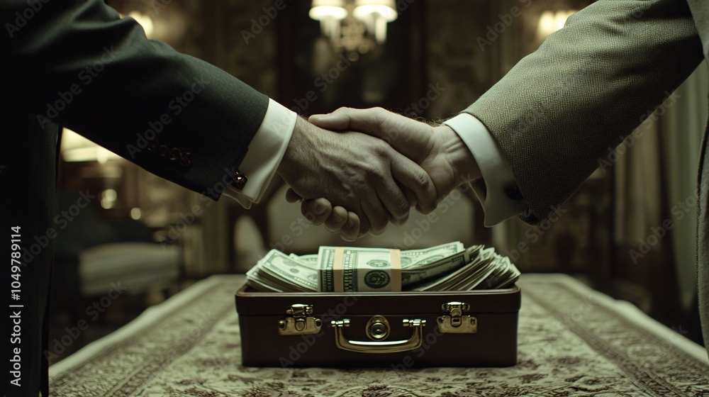 Poster corrupt business deal in progress with a handshake and a briefcase full of cash stock photo with sid
