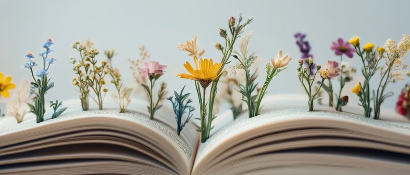 An open book with colorful flowers emerging from its pages, symbolizing the connection between nature and literature.