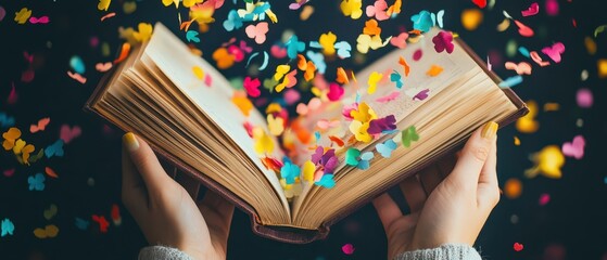 Fototapeta premium An open book releasing colorful confetti, symbolizing joy and imagination, captured with hands delicately holding it against a dark background.