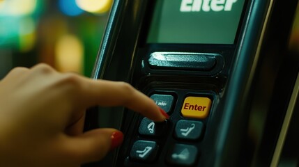 Obraz premium Close-up of a Finger Pressing the 'Enter' Button on a Payment Terminal
