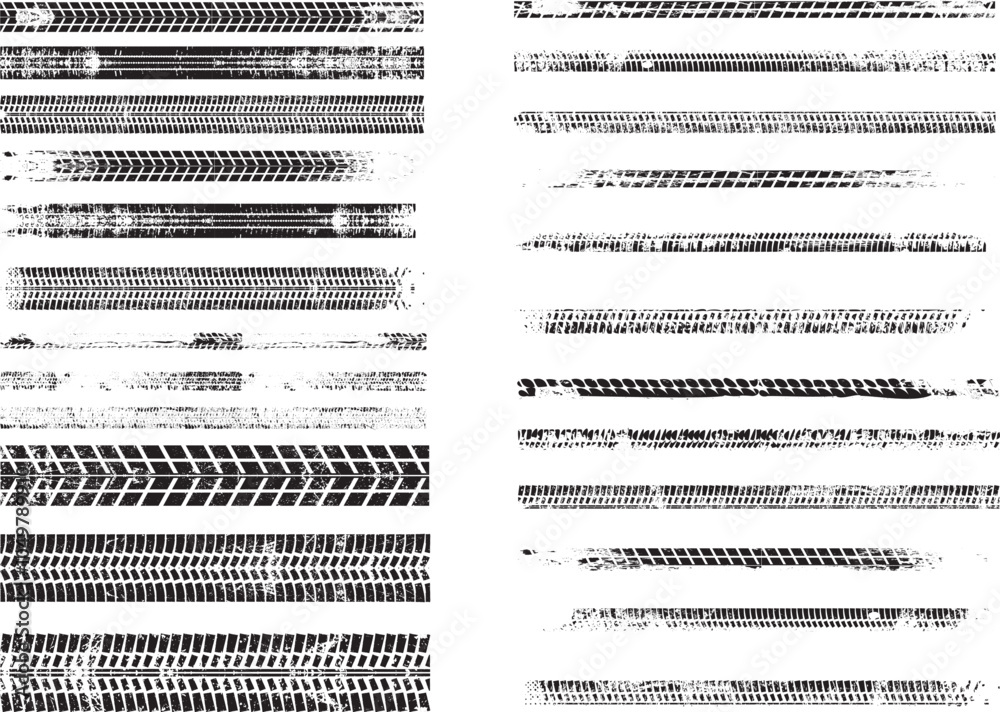 Fototapete vector print textured tire track set . drift design element . car tread silhouette pack .mud splash 