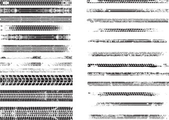 Vector Print Textured Tire Track set . Drift design element . Car tread silhouette pack .Mud splash grunge tire texture. Tyre tread banner. Tire track traces collection. Print design © miloje