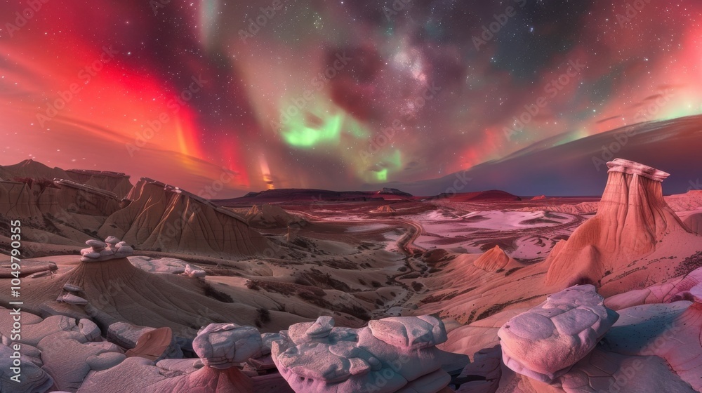 Poster a mesmerizing shot of a high-altitude desert basin with bizarre, wind-sculpted rock formations and a