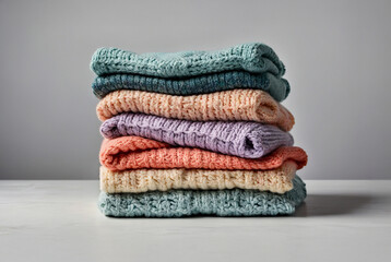 Stack of wool sweater Colorful Folded Knit Sweaters on White Background, wool sweater isolated. winter, knit wool sweater