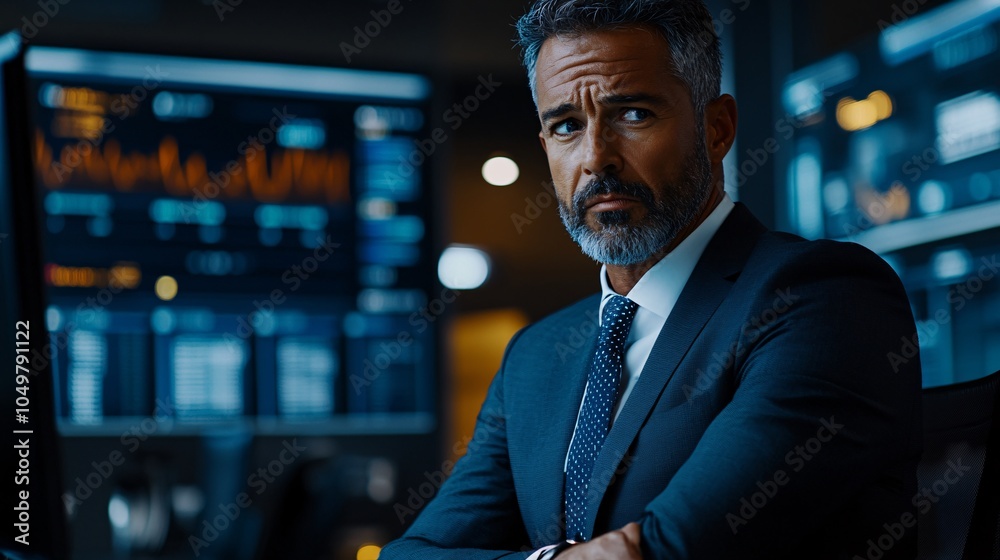 Aufkleber businessperson in a modern office reviewing data breach notifications on a computer while looking st