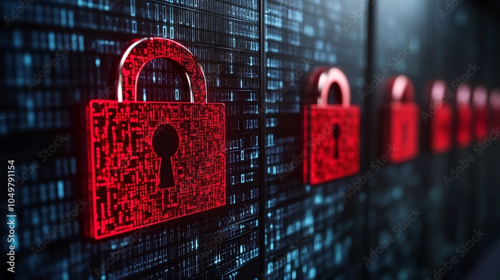 Aufkleber Corporate data center under heavy cyber attack with warning symbols and encrypted codes on monitors Stock Photo with side copy space