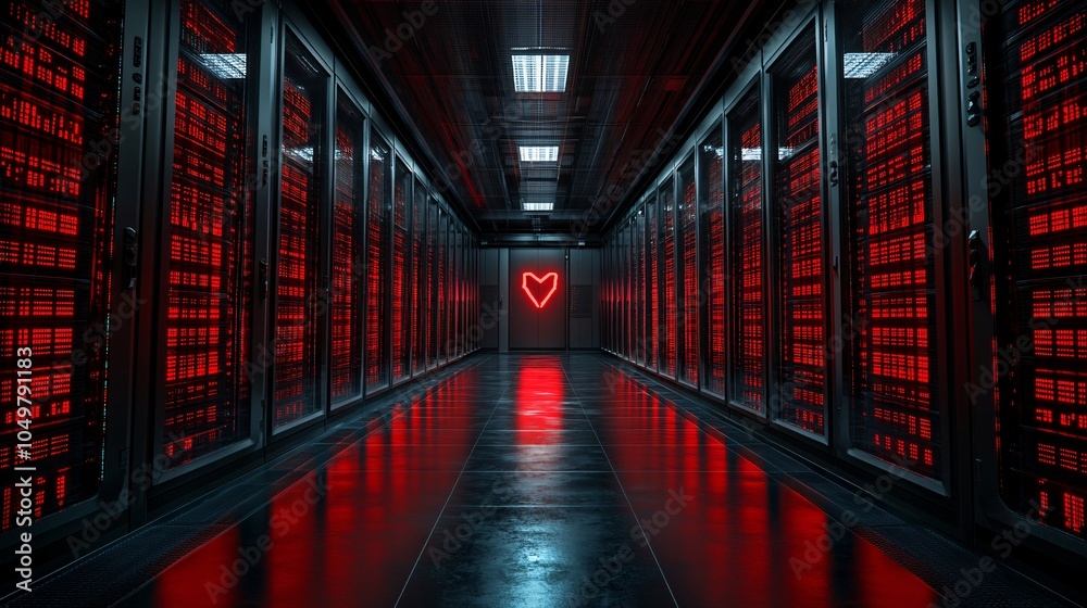Poster Corporate data center under heavy cyber attack with warning symbols and encrypted codes on monitors Stock Photo with side copy space