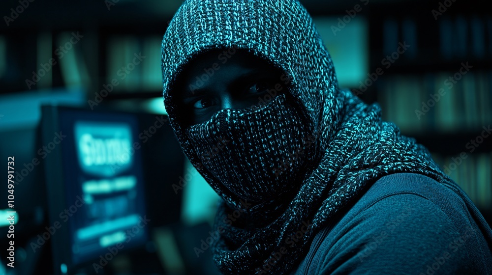 Poster Online bank account being hacked with a warning message on the screen and a concerned user Stock Photo with side copy space