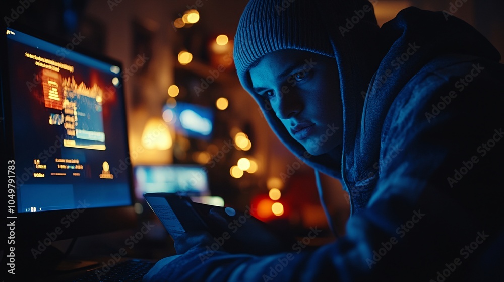 Poster Online bank account being hacked with a warning message on the screen and a concerned user Stock Photo with side copy space