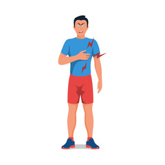 Heart attack. Sick heart. Heartache, cardiac muscle failure stroke. The man holds his hand on chest. Healthcare and cardiology medicine. Human internal organ. Vector illustration flat design.