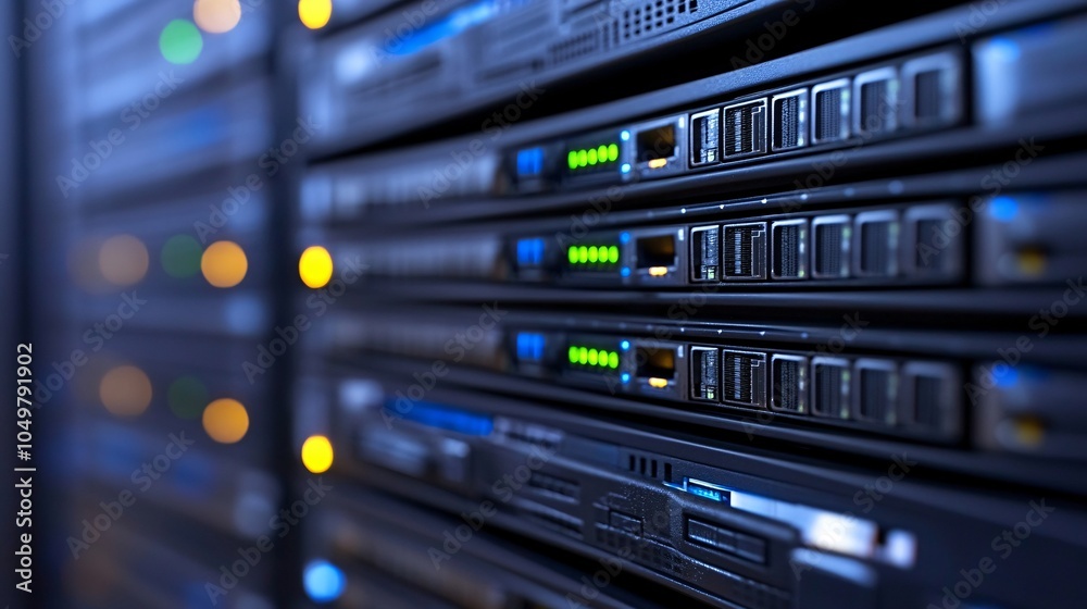 Poster IT technician securing company databases by installing encryption software in a server room Stock Photo with side copy space