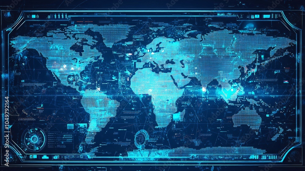 Poster Government cybersecurity unit monitoring global threats and national security systems on a large screen Stock Photo with side copy space