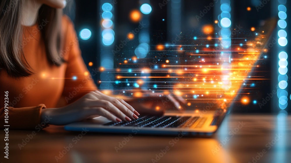 Poster Cybersecurity professional typing on a laptop in a server room full of blinking data lights Stock Photo with side copy space