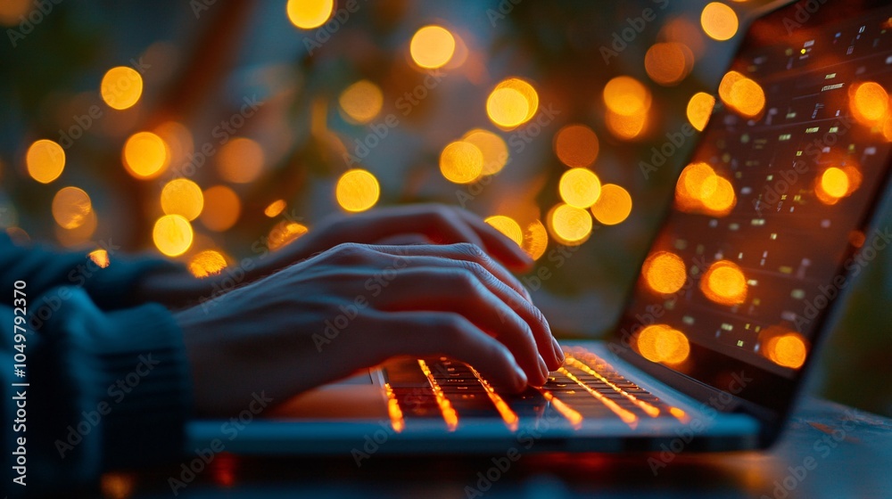 Poster Cybersecurity professional typing on a laptop in a server room full of blinking data lights Stock Photo with side copy space
