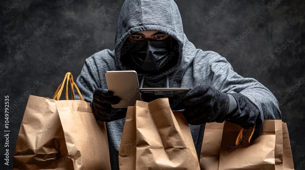 Poster Online shopper concerned about personal data theft while checking out on a secure website Stock Photo with side copy space