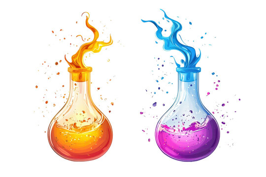Two colorful chemistry flasks with vibrant liquids emitting swirls of captivating smoke, creating a mystical scientific atmosphere.