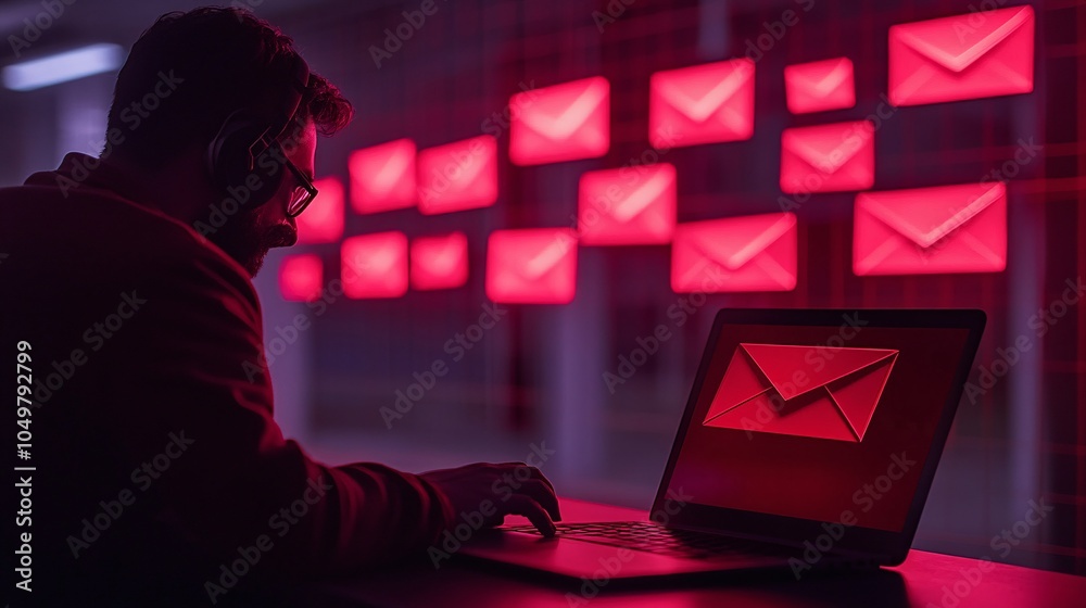 Poster employee undergoing cybersecurity training at work while reviewing phishing emails on a laptop stock