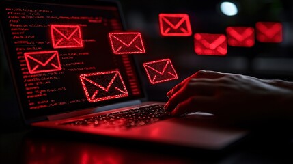 Employee undergoing cybersecurity training at work while reviewing phishing emails on a laptop Stock Photo with side copy space