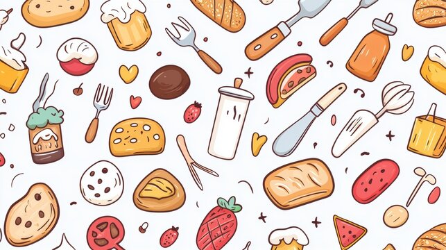 Kitchen-themed doodle illustration featuring cooking tools and food items in a continuous loop