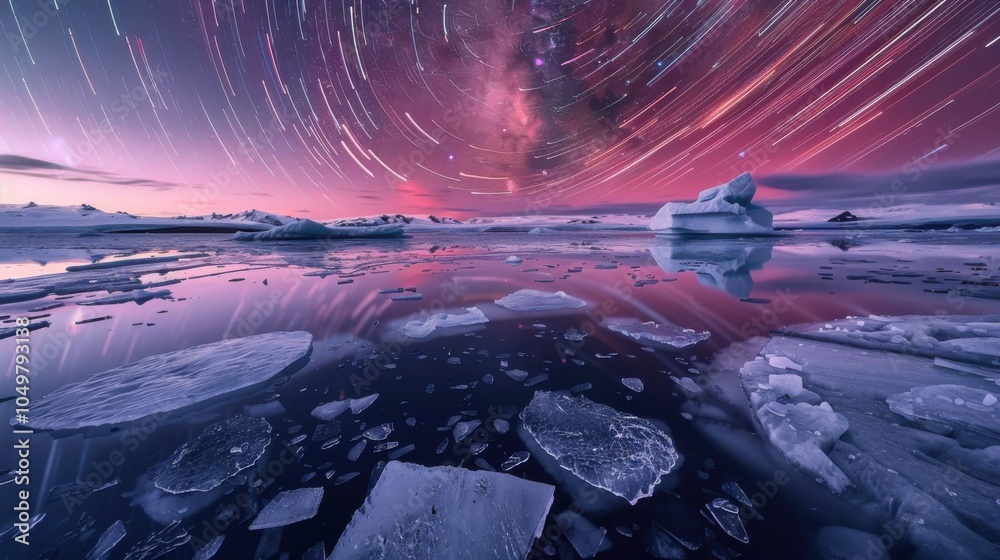 Aufkleber a mesmerizing shot of a high-altitude glacier bay with floating icebergs and a rare, deep red meteor