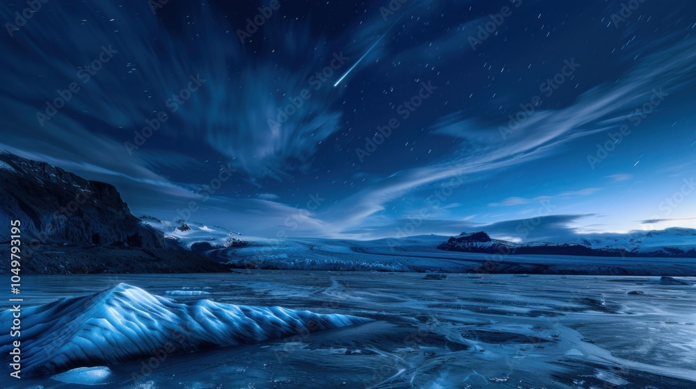 Poster a mesmerizing shot of a high-altitude glacier field with rare, geometric ice patterns and a deep blu