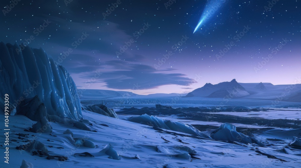 Poster a mesmerizing shot of a high-altitude glacier field with rare, geometric ice patterns and a deep blu
