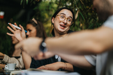 A group of high school friends collaborate on assignments in a cozy coffee bar. They are engaging joyfully, sharing ideas, and enjoying the relaxed atmosphere after school.