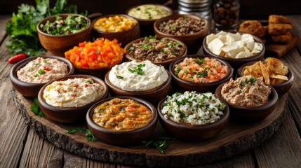 Fototapeta premium Mixed Dips Platter on Rustic Wooden Board