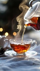 Fototapeta premium Steamy Tea Pour in Elegant Glass Cup