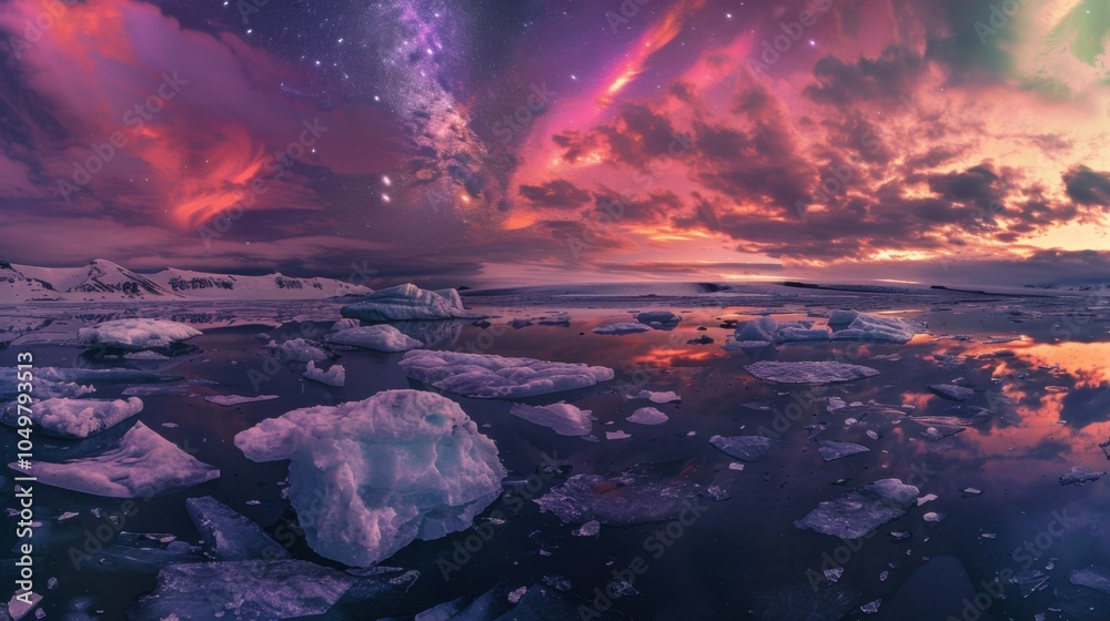 Poster a mesmerizing shot of a high-altitude glacier lagoon with floating, reflective icebergs and a rare, 