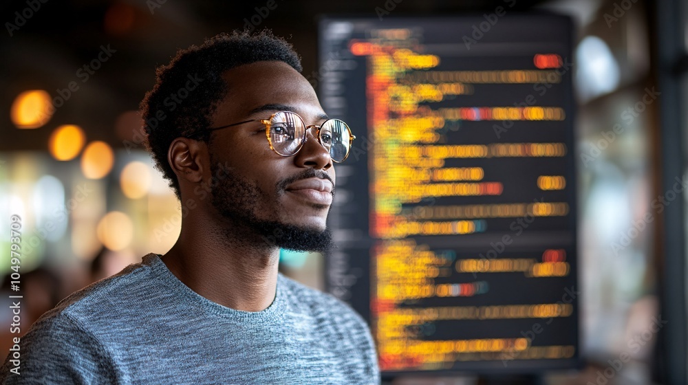 Poster Cybersecurity expert in front of multiple computer screens monitoring digital security protocols Stock Photo with side copy space