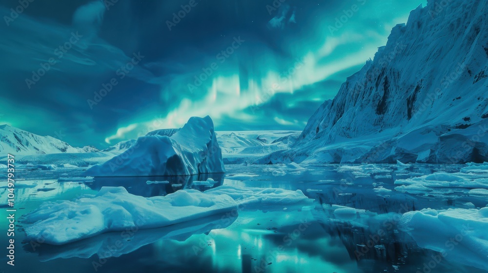 Poster a mesmerizing shot of a high-altitude glacier lake with floating, translucent icebergs and a rare, b