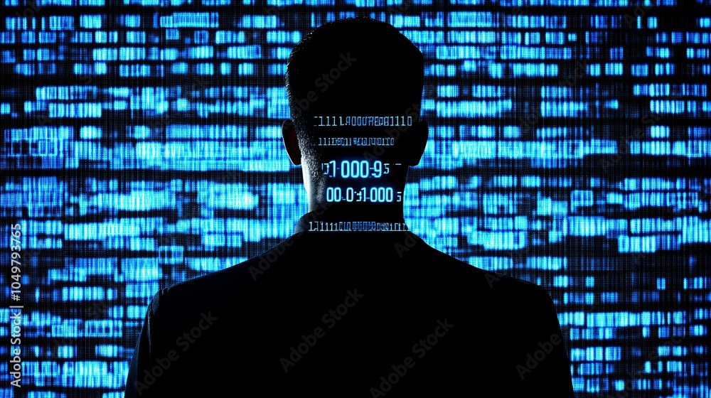 Poster Cybersecurity expert in front of multiple computer screens monitoring digital security protocols Stock Photo with side copy space