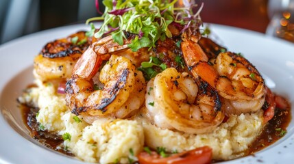 Artistic Plating of Shrimp Dish with Soft Lighting