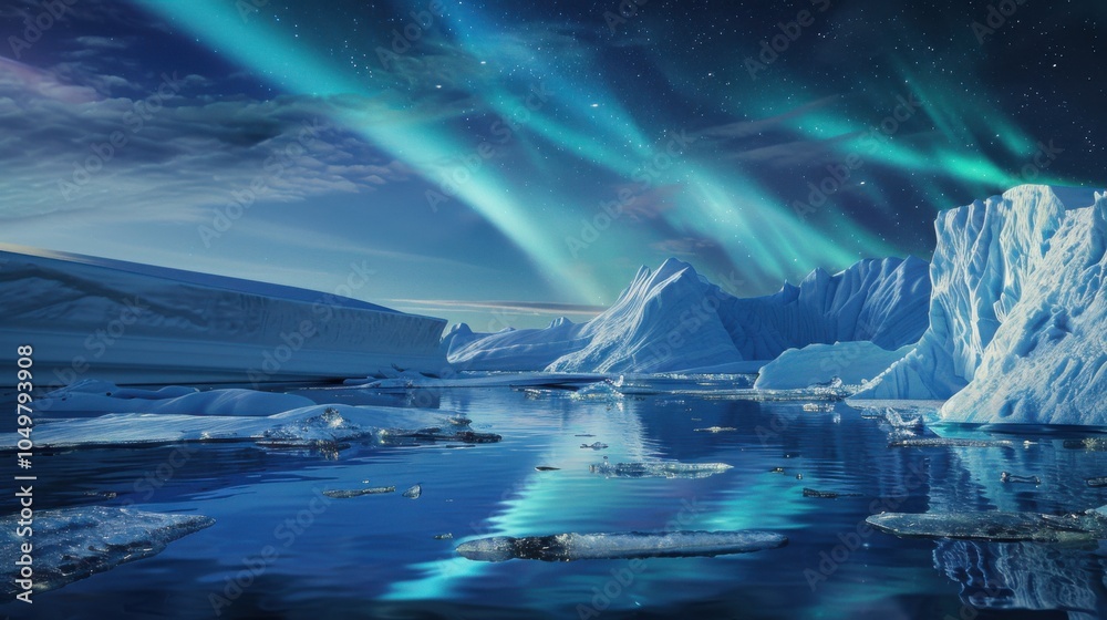 Poster a mesmerizing shot of a high-altitude glacier lake with floating, translucent icebergs and a rare, b