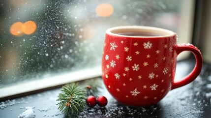Fototapeta premium A cozy red mug decorated with snowflakes sits by a frosted window, creating a warm and festive winter atmosphere.