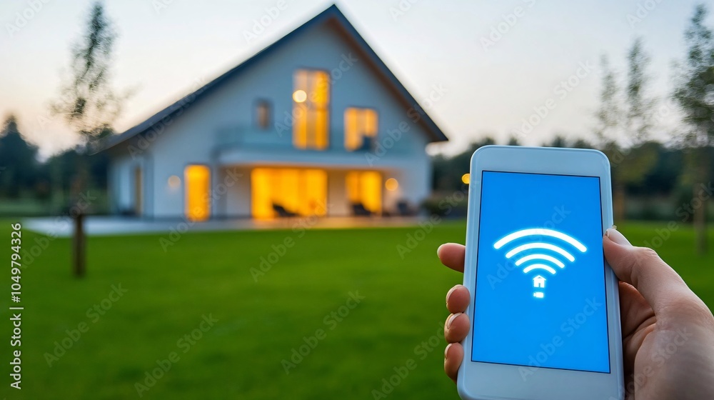 Poster Homeowner reviewing smart home internet security settings to prevent unauthorized access Stock Photo with side copy space