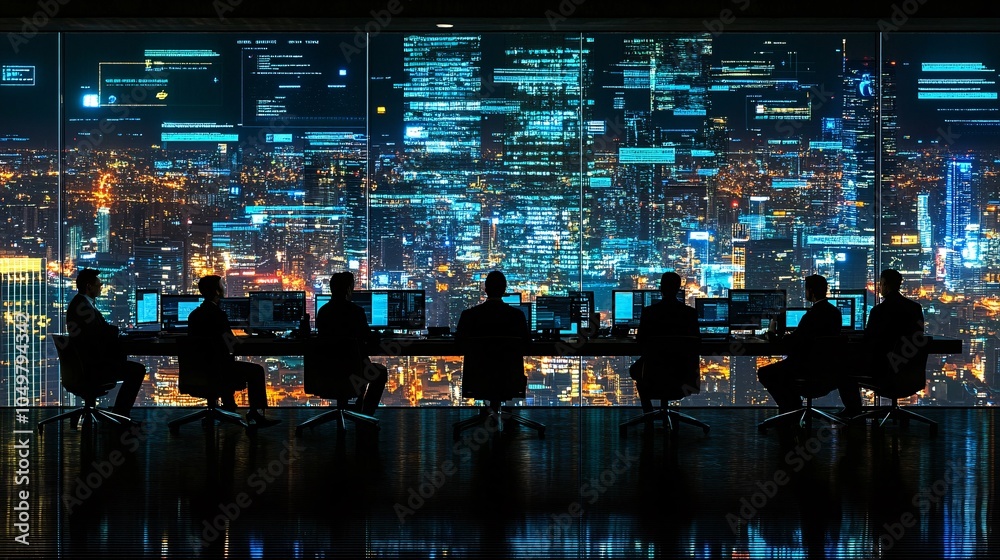 Poster Business leaders discussing the implementation of new cybersecurity protocols in an office meeting Stock Photo with side copy space
